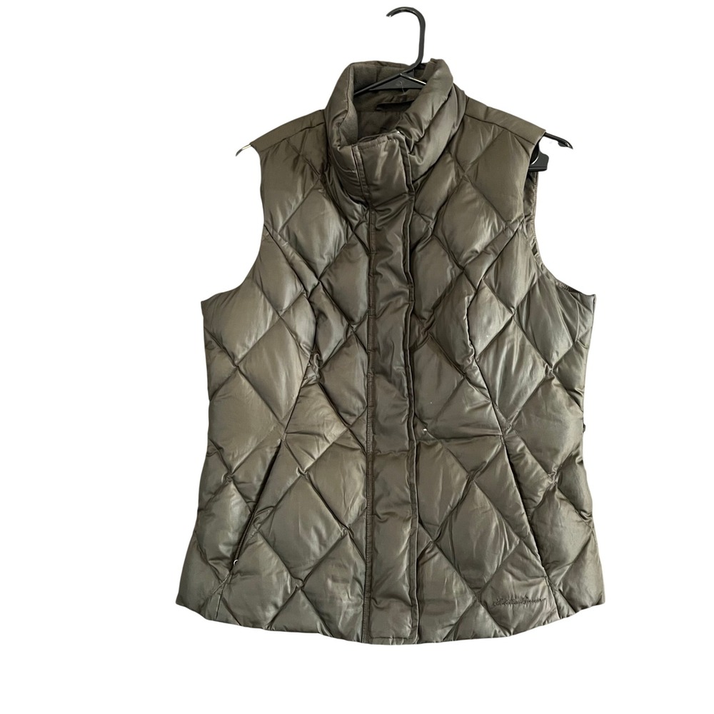 Eddie Bauer Premium Goose Down Vest Olive Green Diamond Quilted Women's M